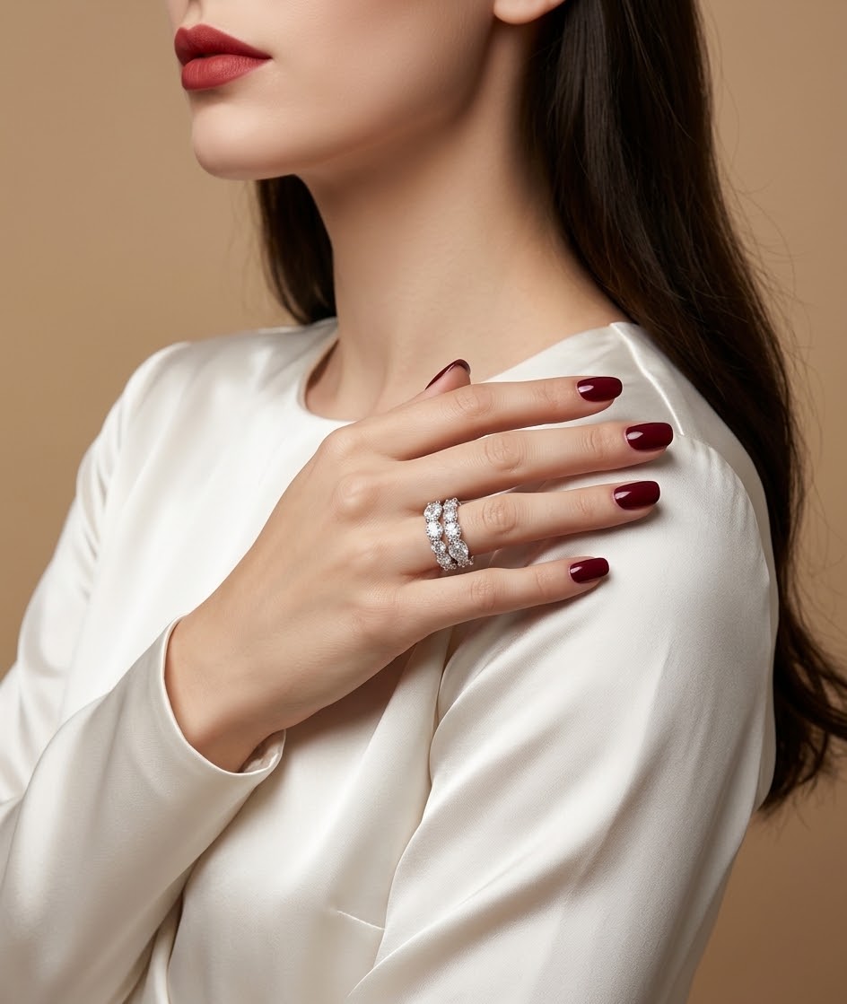 A close-up lifestyle shot of a woman wearing a silver ring set with clear gemstones on her hand, which is resting on her white satin blouse against a warm beige background.