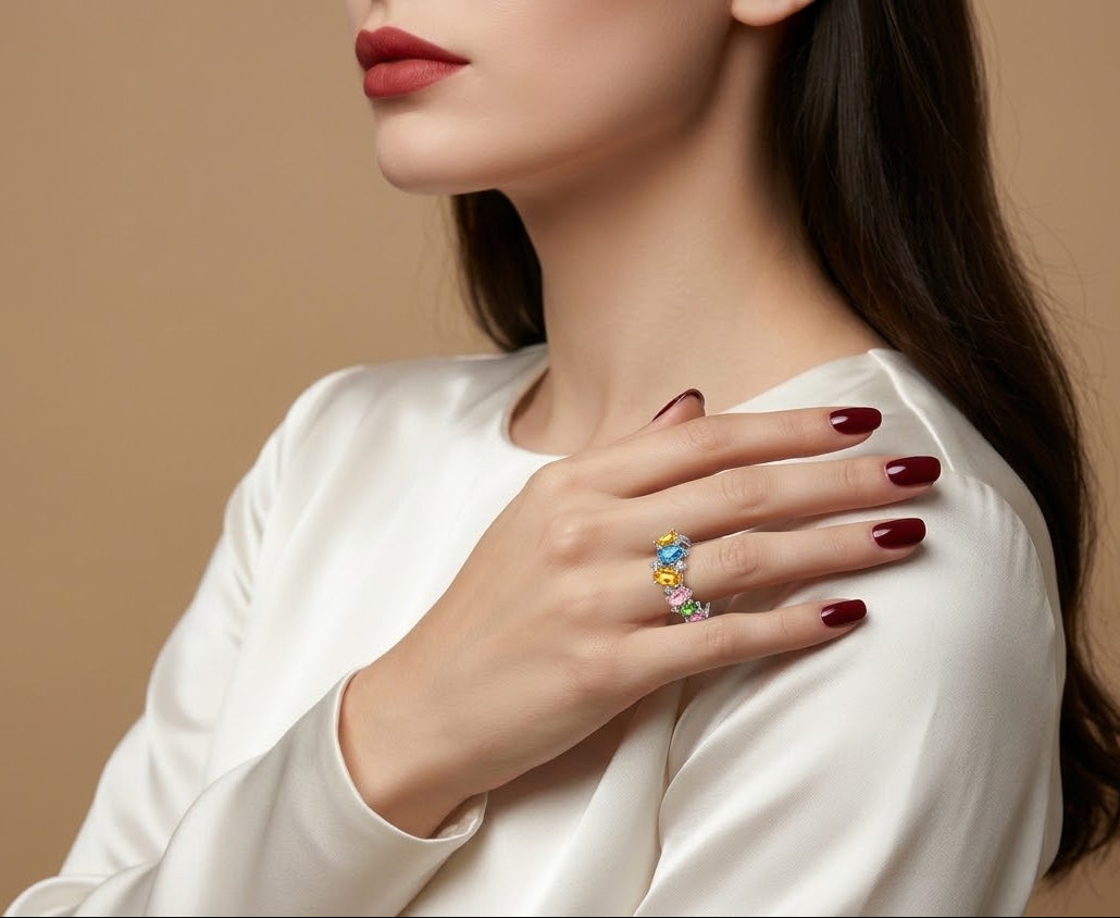 A close-up lifestyle shot of a woman wearing a colorful ring on her finger, dressed in a white satin top against a warm beige background.
