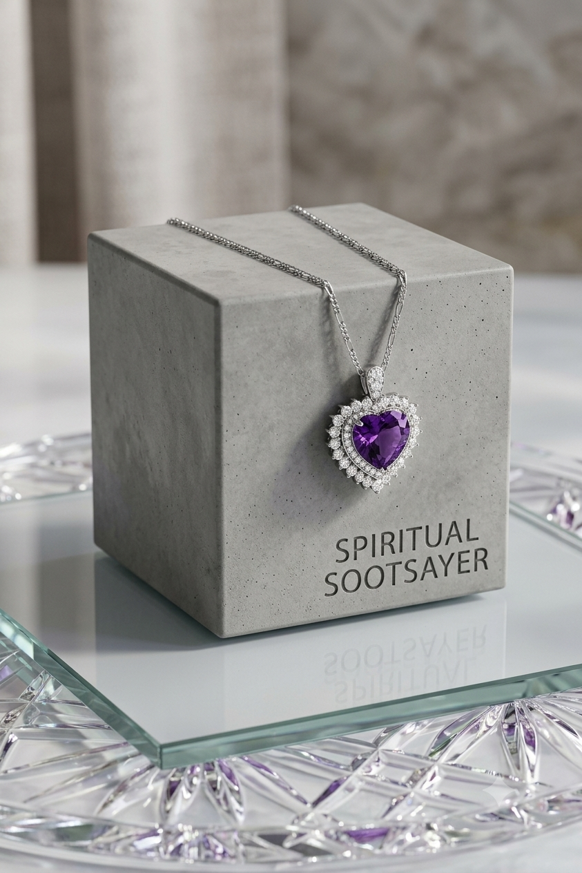 A heart-shaped purple amethyst pendant necklace with a silver halo and chain, displayed on a gray concrete block box engraved with 'SPIRITUAL SOOTSAYER'.