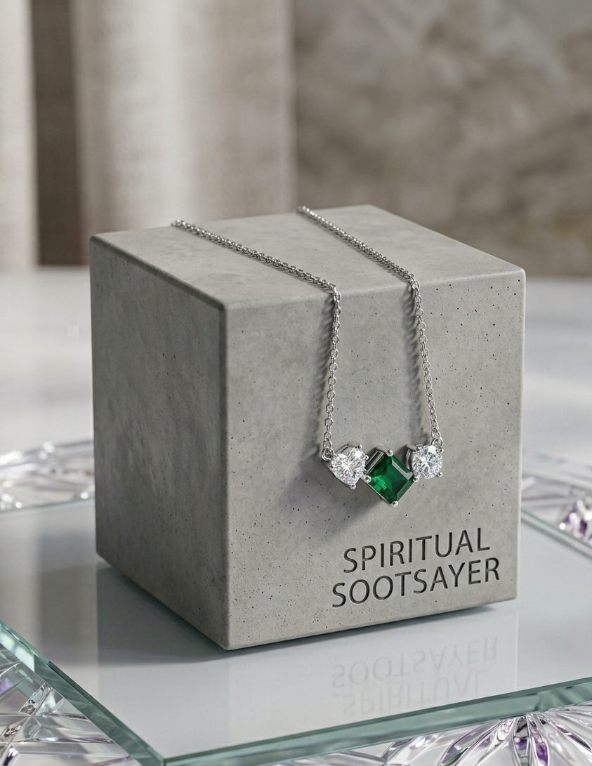 A silver heart pendant necklace with a green gemstone and clear accent stones, draped over a gray concrete display box labeled 'SPIRITUAL SOOTSAYER'.