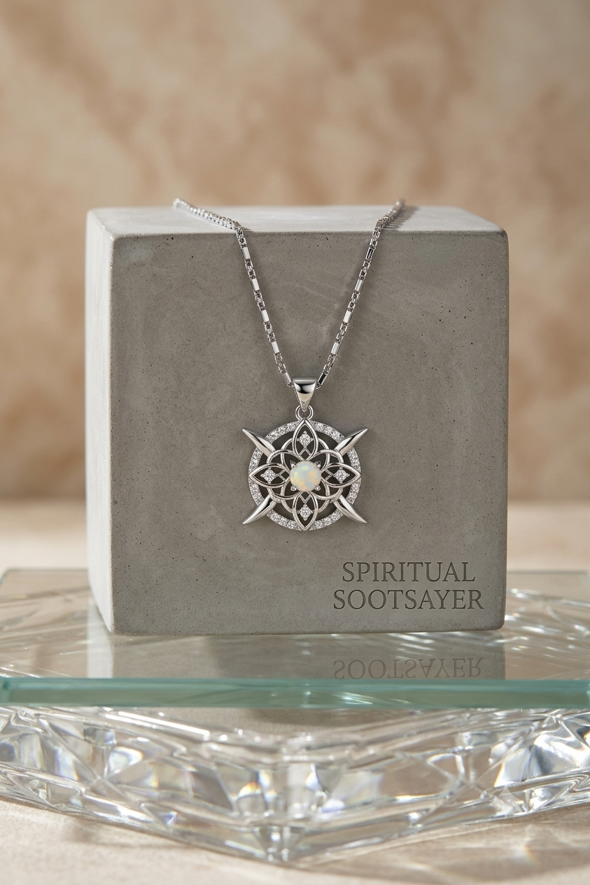 A silver-toned spiritual sootseyer pendant necklace with a circular compass-like design and central white stone, displayed on a gray concrete block labeled 'SPIRITUAL SOOTSEYER' on a glass tray.