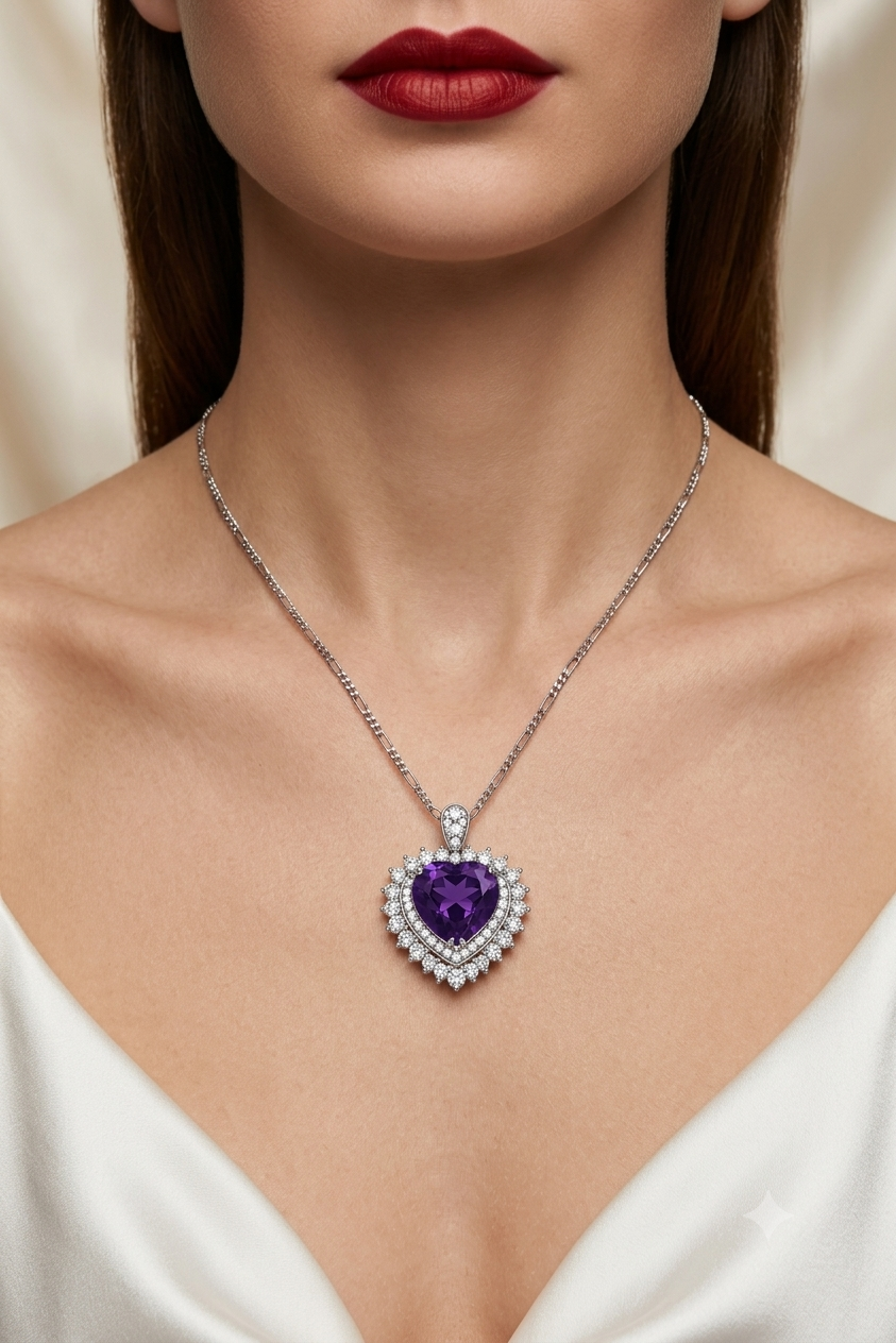 A close-up of a model wearing a silver heart-shaped pendant necklace with a purple heart gemstone and surrounding clear stones, paired with a white satin top.