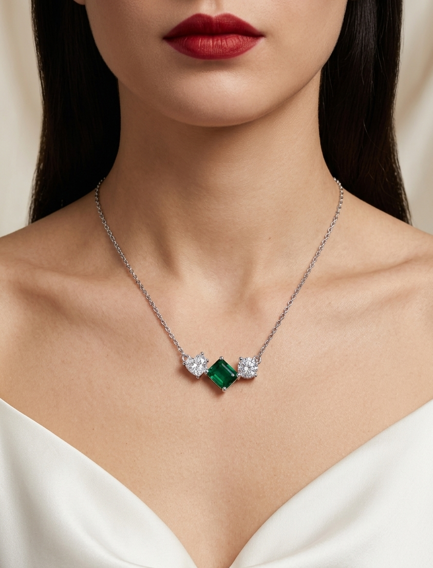 Emerald Aura Green Onyx & Moissanite 925 Sterling Silver Necklace