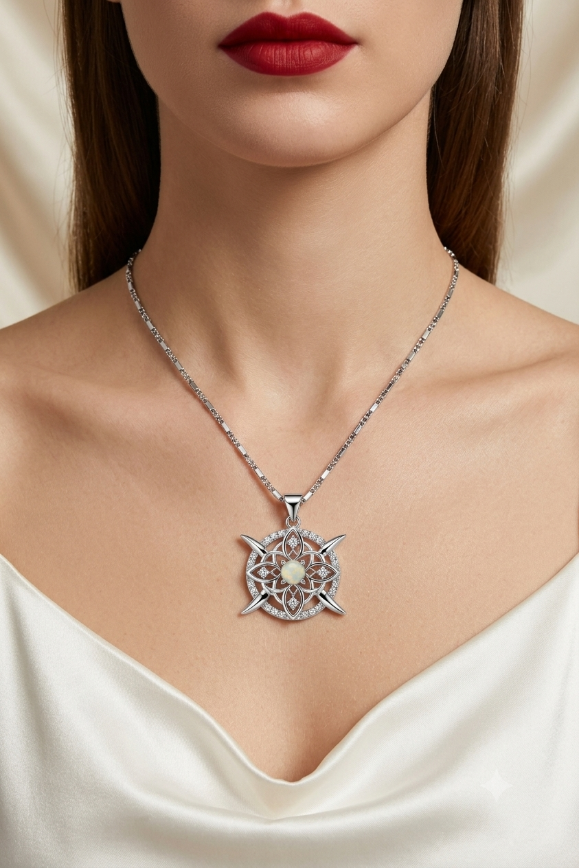 A close-up of a model wearing a silver-toned geometric pendant necklace with a central clear gemstone, styled with a white satin top.