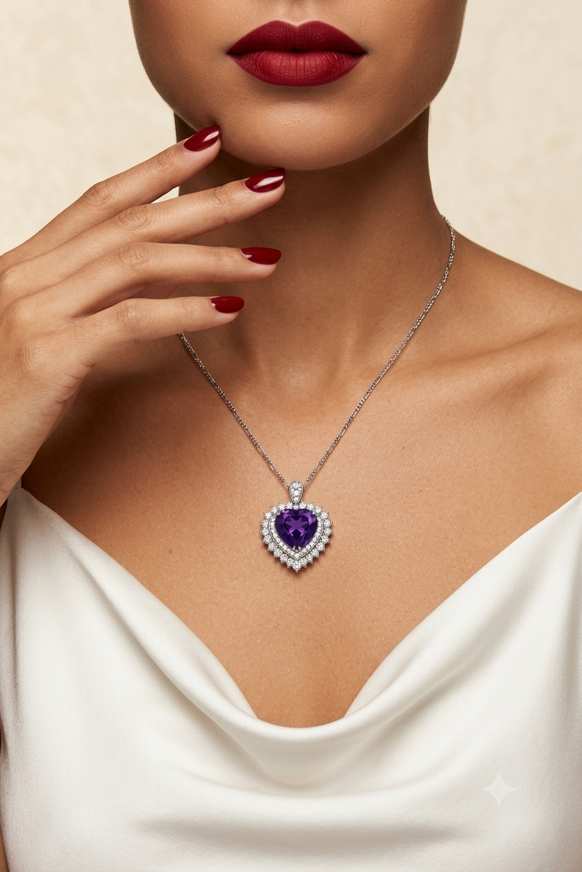 A close-up of a model wearing a silver heart-shaped pendant necklace with a purple heart gemstone and small clear accent stones, paired with a white satin top and red nail polish.