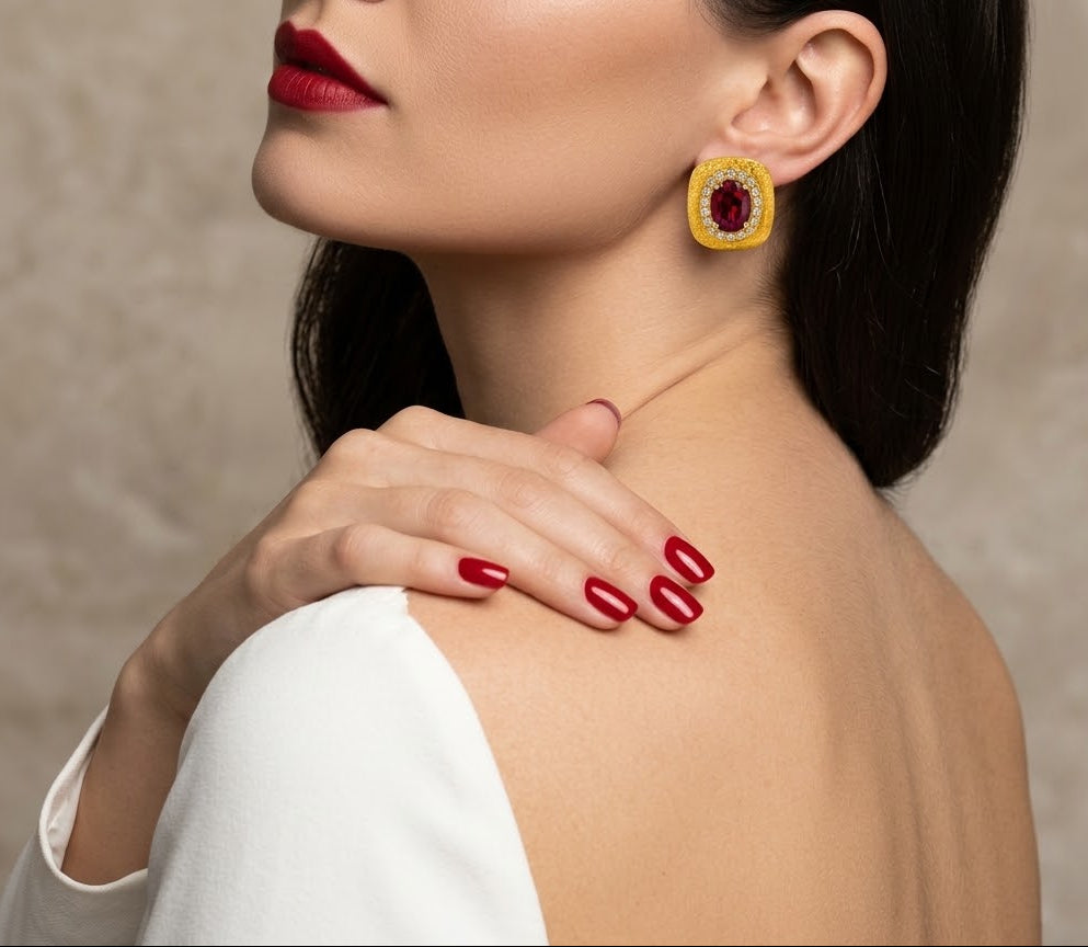 A close-up lifestyle shot of a woman wearing a gold and red geometric stud earring, with her hand resting on her shoulder. She is wearing a white top and has dark hair, set against a neutral textured beige background.