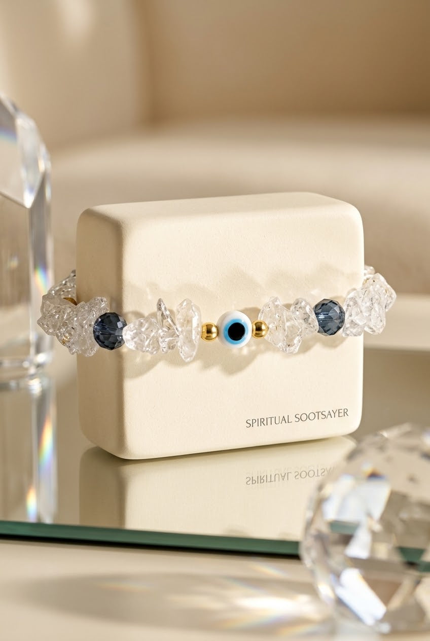 A beaded bracelet with clear faceted crystal-like beads, dark blue round beads, and a central blue-and-white evil eye charm with gold accents, displayed on a cream-colored box labeled 'SPIRITUAL SOOTSAVER'.