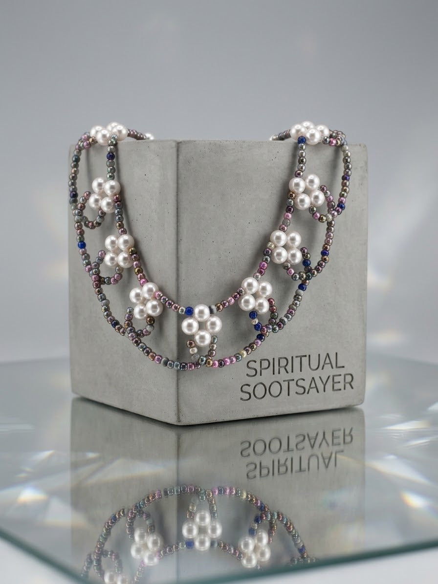 A beaded necklace with white faux pearls and silver-toned beads, draped over a gray display block labeled 'SPIRITUAL SOOTSAYER'.