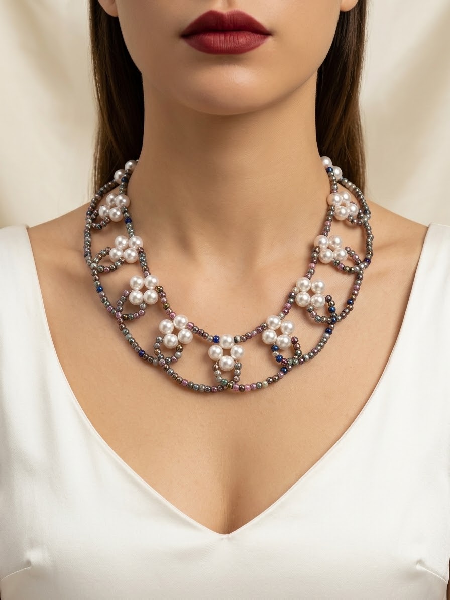 A close-up of a model wearing a statement statement statement necklace made of white pearls and dark metallic beaded swirls, paired with a white V-neck top.