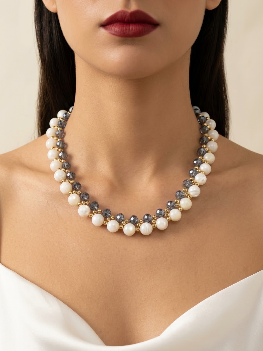 A close-up of a model wearing a double-strand pearl and gray stone beaded necklace with gold-toned metal links, paired with a white satin top.