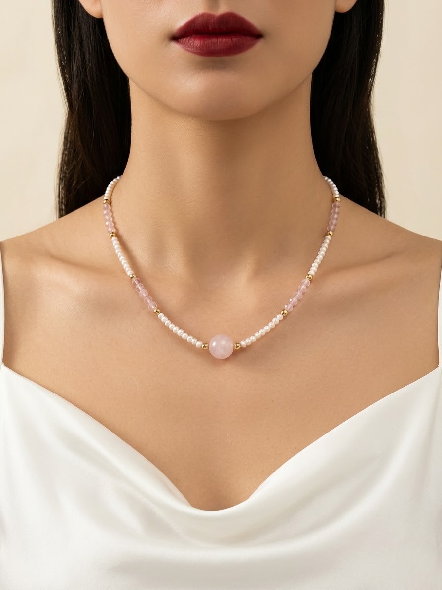 A close-up of a model wearing a delicate necklace made of small white pearls and pale pink beads, with a central round pink stone. The model is wearing a white satin top against a soft beige background.