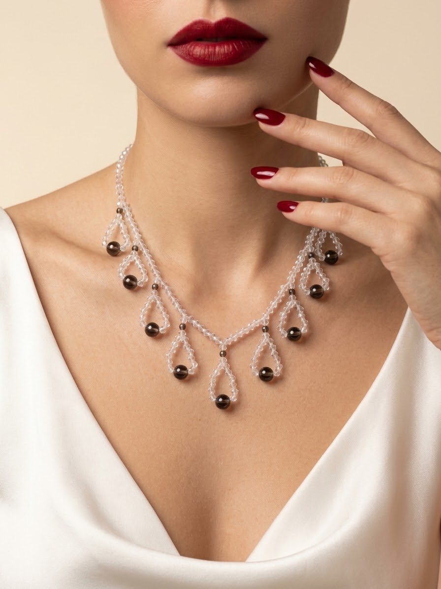 A close-up of a woman wearing a delicate statement necklace with clear crystal-like teardrop charms and dark brown spherical accents, styled with a white satin top and red nail polish.