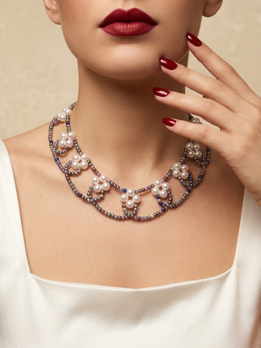 A close-up of a model wearing a pearl and crystal choker necklace. The necklace features white pearls arranged in floral clusters, accented with silver-toned crystals and small blue and red stones.