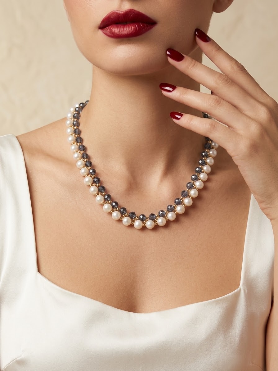 A close-up of a model wearing a double-strand pearl necklace with gray and white faux pearls, styled with dark red lipstick and nail polish.