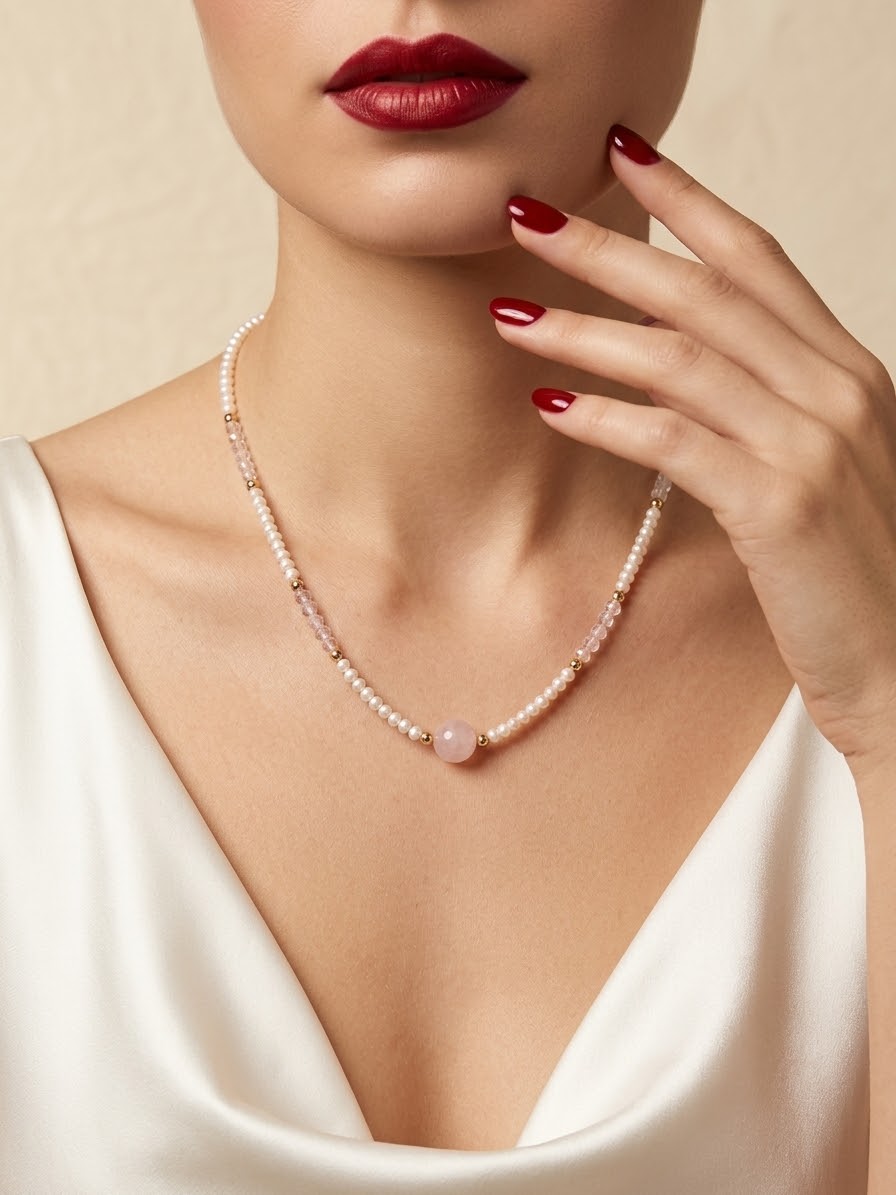 A close-up of a model wearing a delicate necklace made of white pearls and pale pink beads, with a polished pink stone at the center. The model is wearing a white satin top and has dark red lipstick and nail polish.
