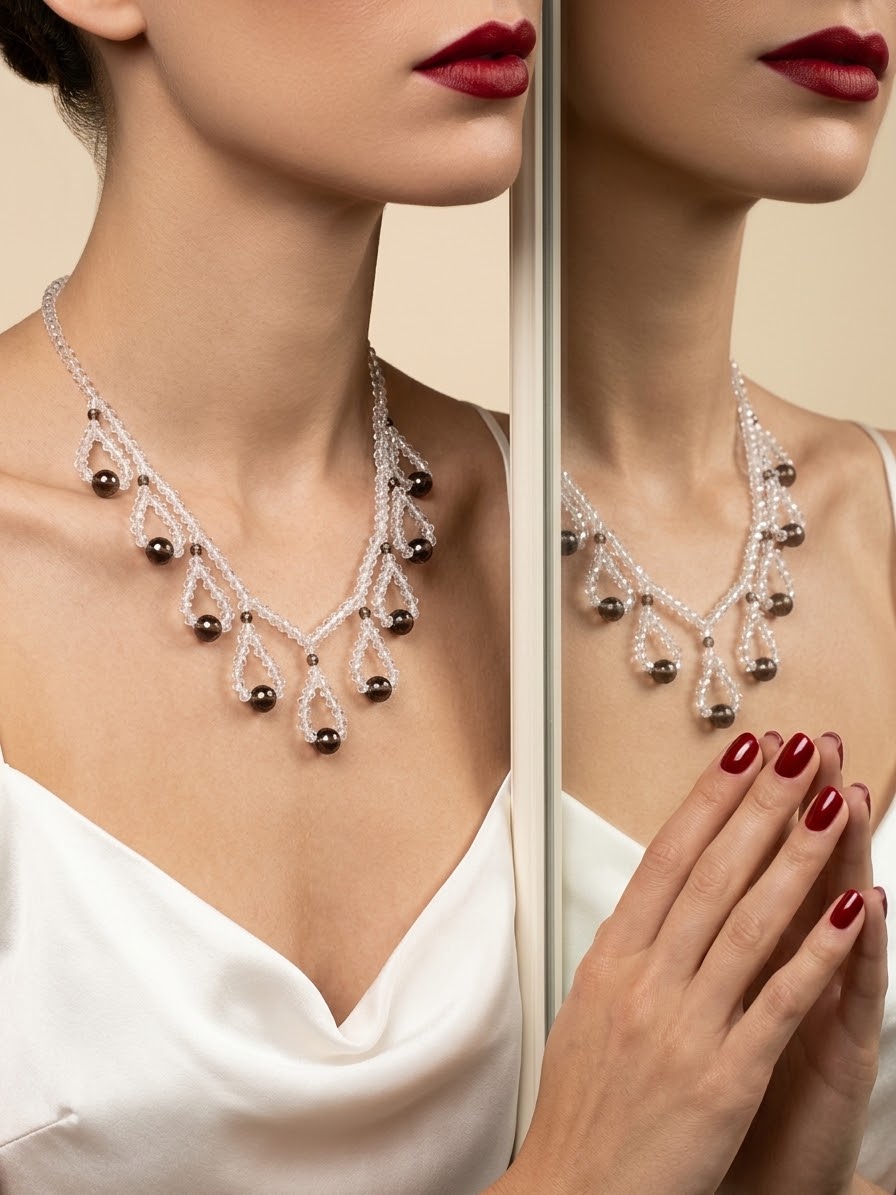 A close-up of a woman wearing a delicate silver-toned beaded necklace with dark metallic bead accents, paired with a white satin top. The image includes a mirrored reflection showing the necklace from the front and side.