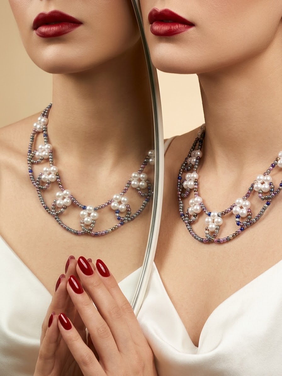 A close-up lifestyle shot of a model wearing a multi-strand statement necklace. The necklace features white pearls and silver-toned floral clusters set with blue and purple crystals, worn over a white satin top.