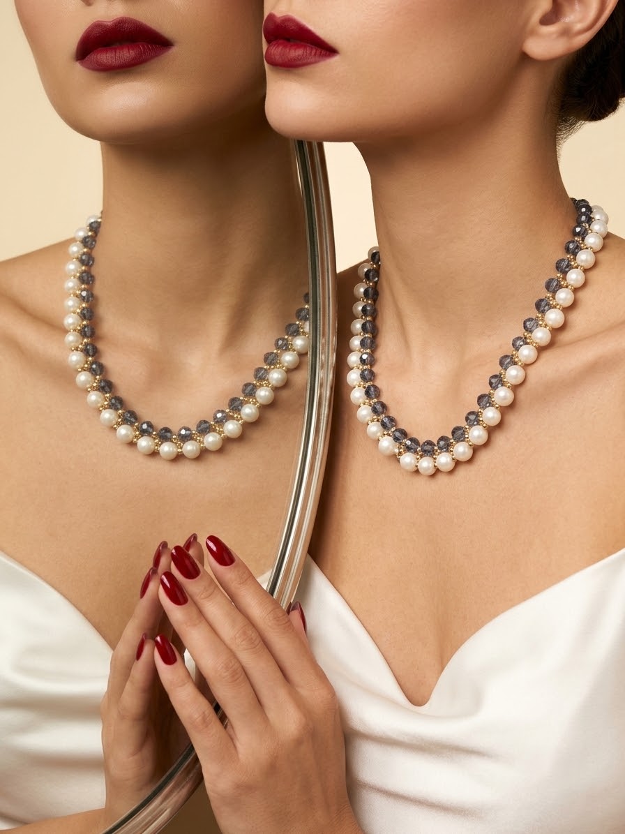 A close-up lifestyle shot of a model wearing a double-strand pearl necklace with gray and white beads, styled with a white satin top and red nail polish, with her reflection visible in a vertical mirror.