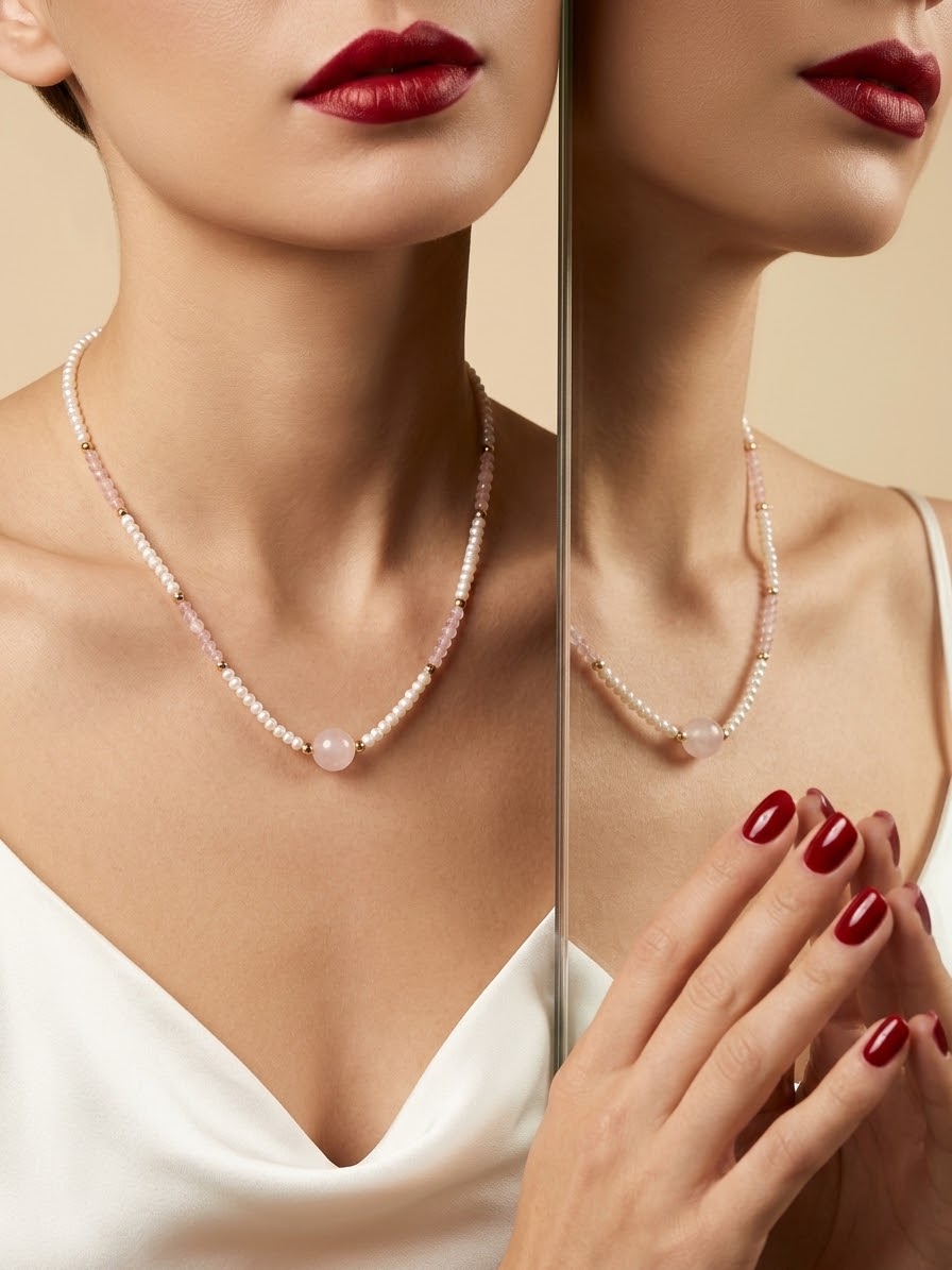 A close-up of a model wearing a delicate beaded necklace with pale pink and white beads and a central round pink stone. The image uses a split composition, showing a front view on the left and a mirrored side view on the right, against a warm beige background.