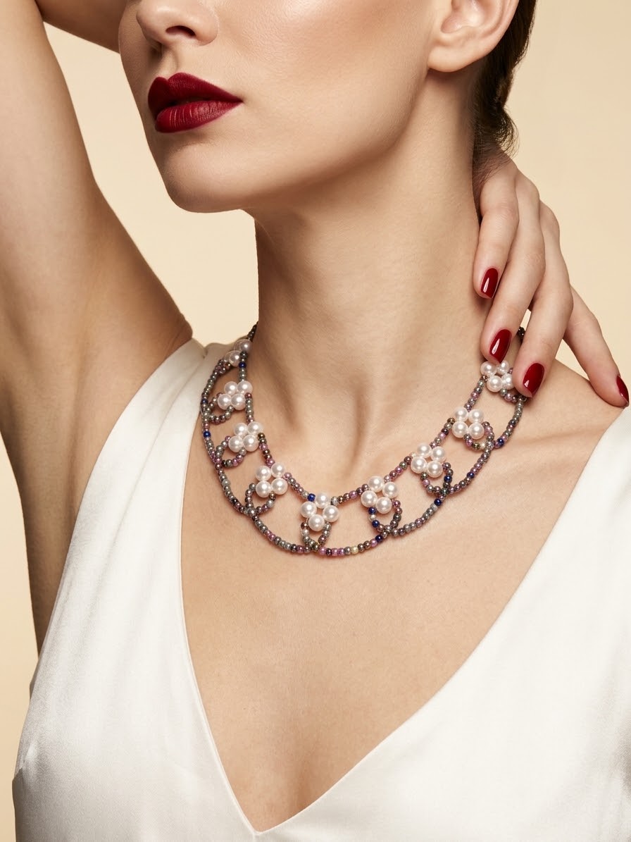 A close-up of a model wearing a statement collar necklace. The necklace features white pearls and clear crystals set in a silver-toned metal, forming a wide collar design.