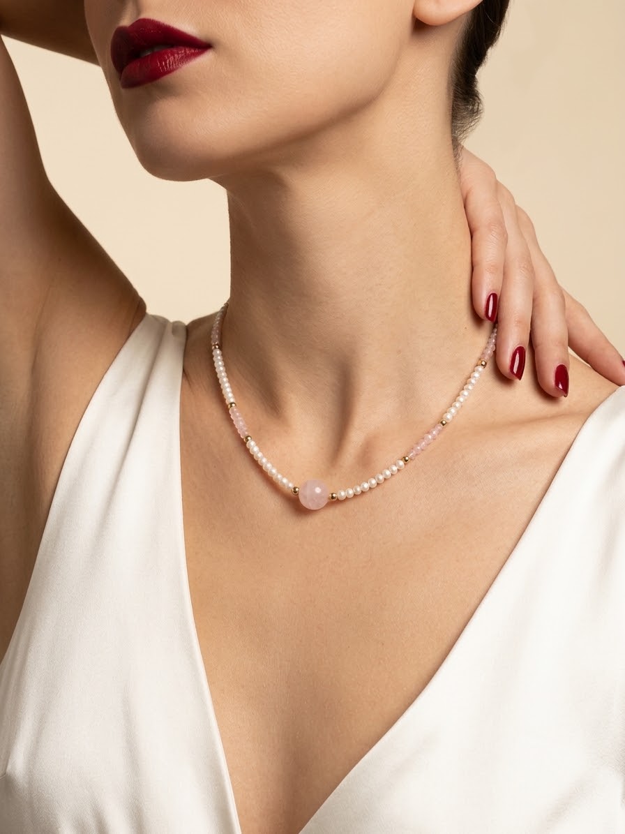 A close-up of a model wearing a delicate pearl necklace with a central light pink stone bead, paired with a white sleeveless top against a warm beige background.