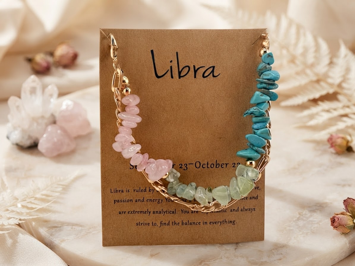 A gold-tone chakra necklace with pink, blue, green, and yellow stone beads displayed on a brown kraft card labeled 'Libra' with decorative crystals and dried flowers in the background.