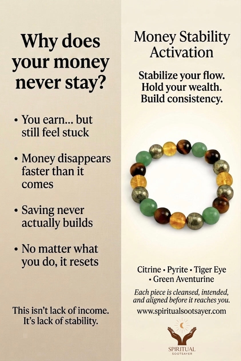Advertisement for a money stability activation bracelet with text on money issues and product details.