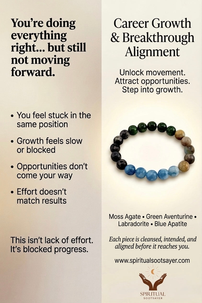 Advertisement for a bracelet with career growth benefits and product details.