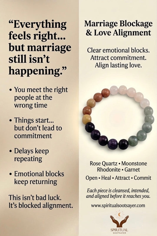 Bracelet with stones and text about marriage blockage and love alignment on a beige background