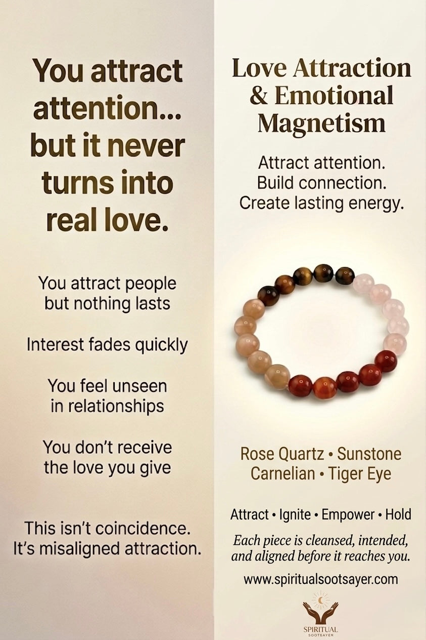 Advertisement for a bracelet with text about love attraction and emotional magnetism.