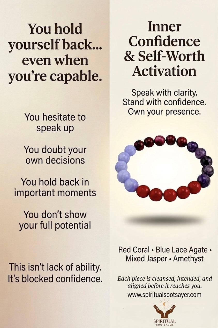 Advertisement for a bracelet with text about inner confidence and self-worth activation.