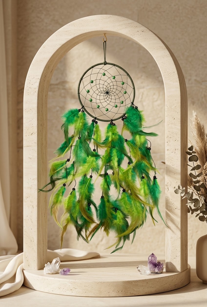 A green dreamcatcher with hanging feathers displayed inside a large beige arched wooden frame on a tabletop, with small crystals and dried grass nearby.