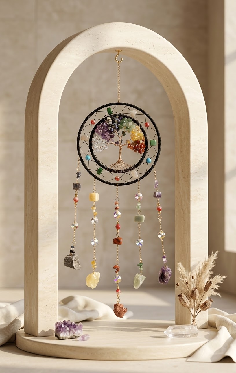 Crystal Tree of Life Feather Dream Catcher