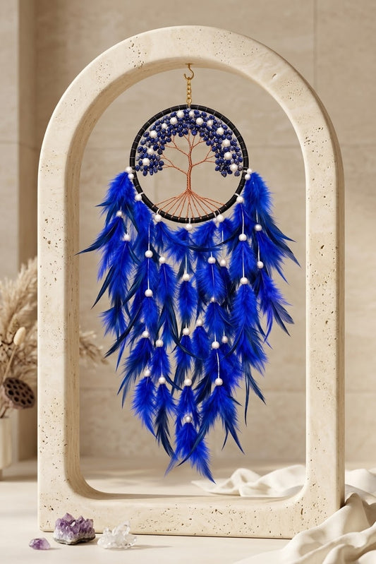 Royal Blue Lapis Lazuli & Pearl Tree of Life Feather Dream Catcher