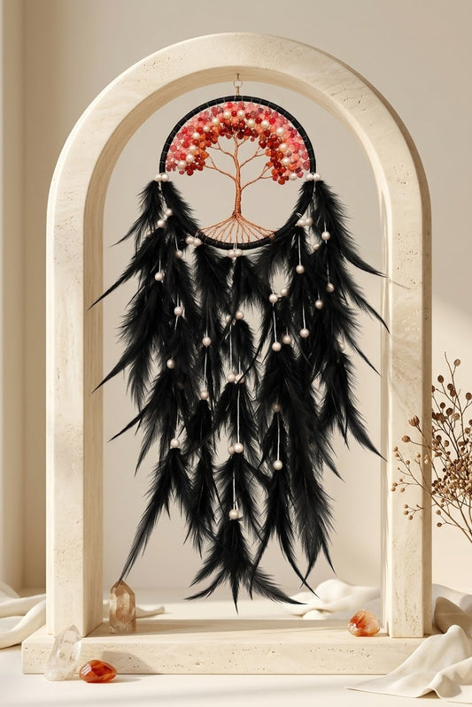 Midnight Rose Quartz & Pearl Tree of Life Feather Dream Catcher