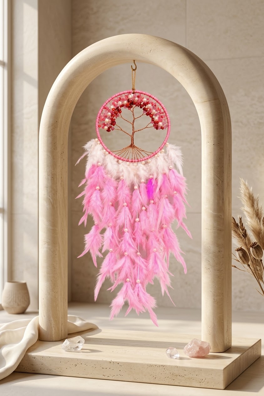 Rose Quartz & Pearl Tree of Life Feather Dream Catcher