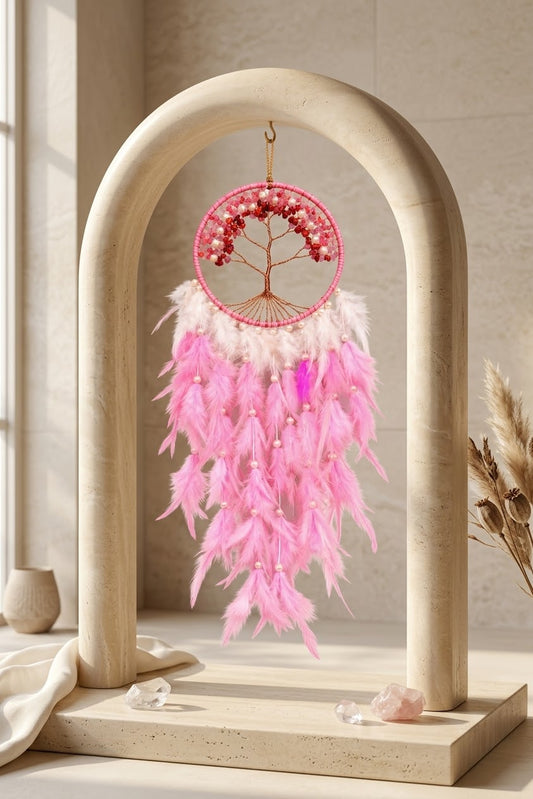 Rose Quartz & Pearl Tree of Life Feather Dream Catcher