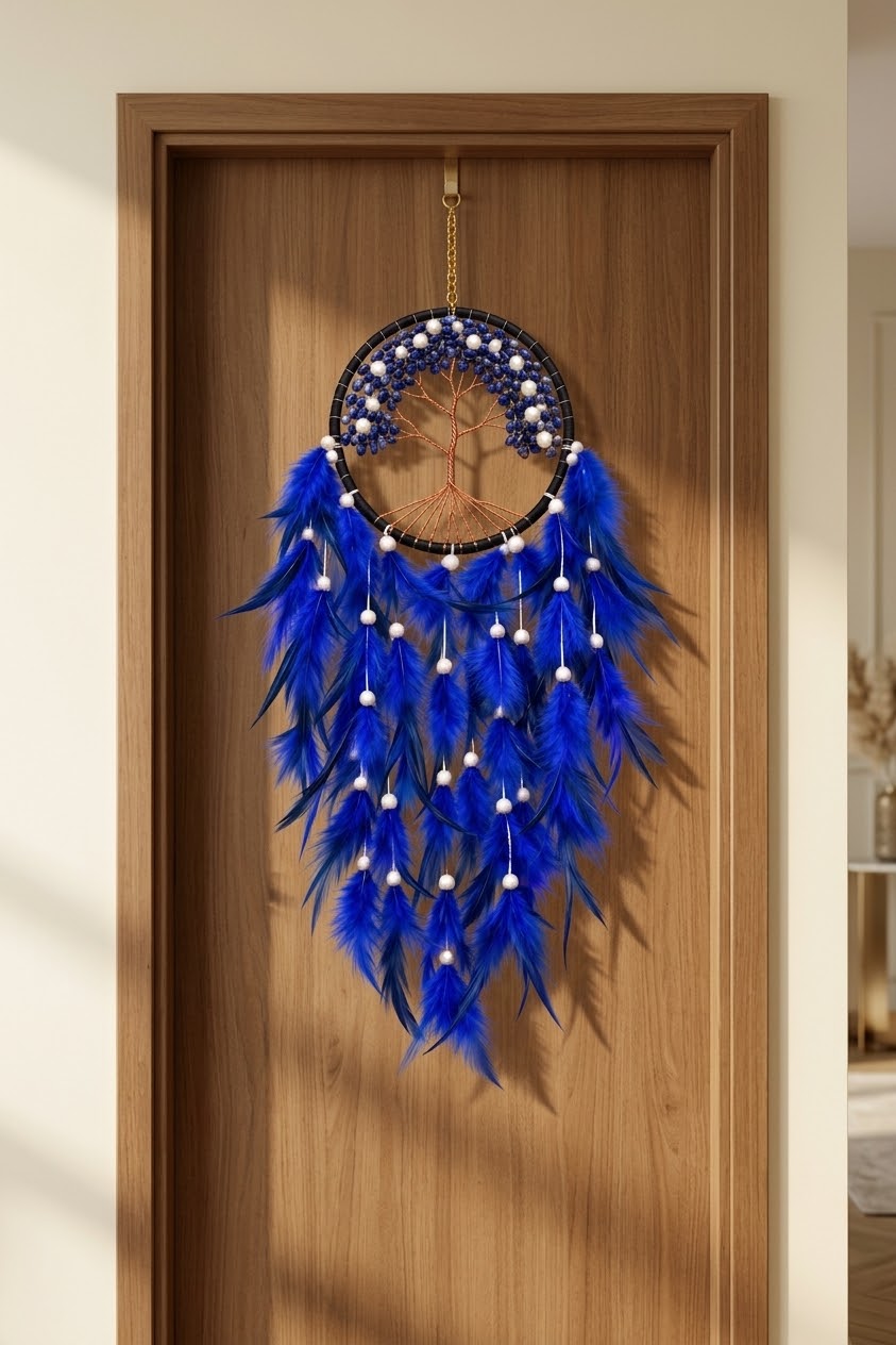 Royal Blue Lapis Lazuli & Pearl Tree of Life Feather Dream Catcher