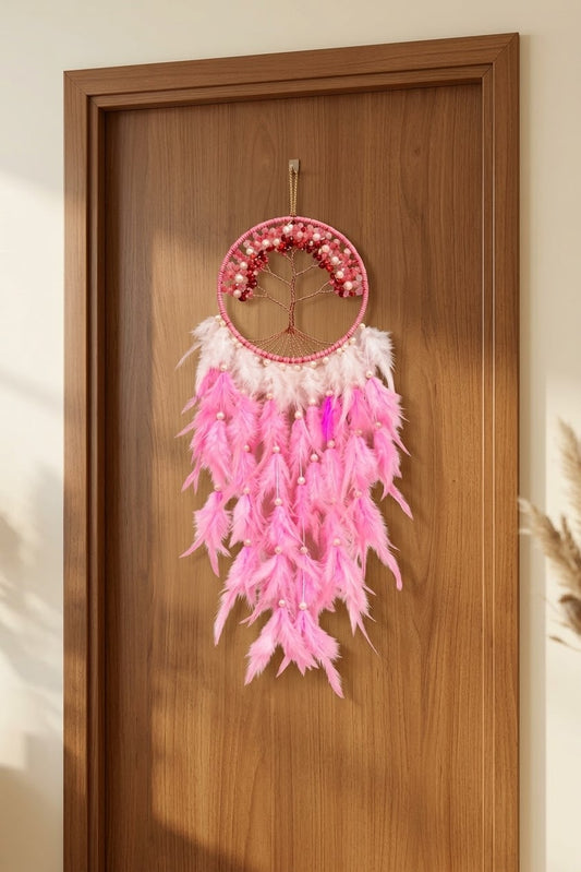 Rose Quartz & Pearl Tree of Life Feather Dream Catcher