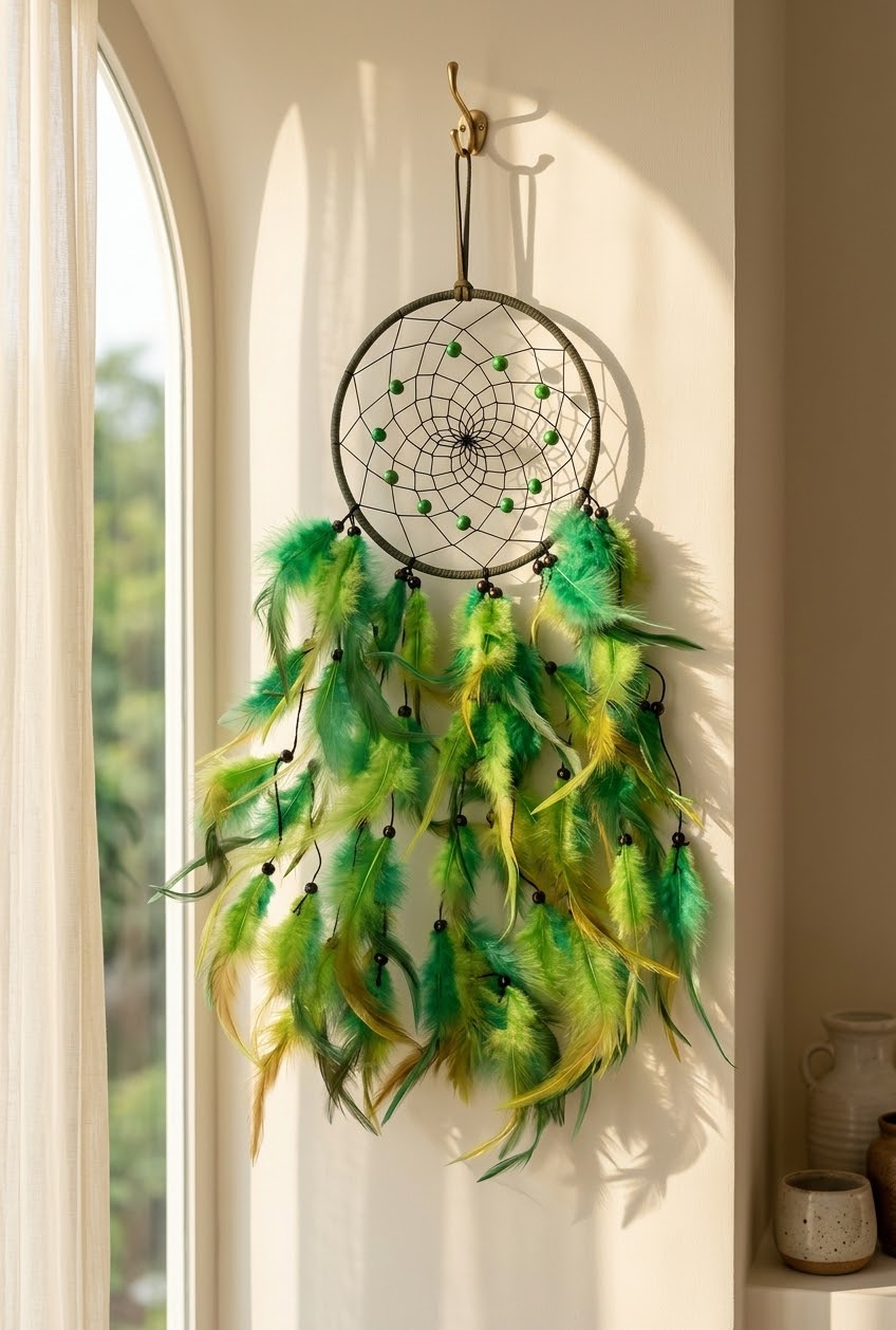 A hanging dreamcatcher with a black webbed hoop, green beads, and multiple hanging feathers in shades of green and yellow, displayed on a beige wall next to a window.