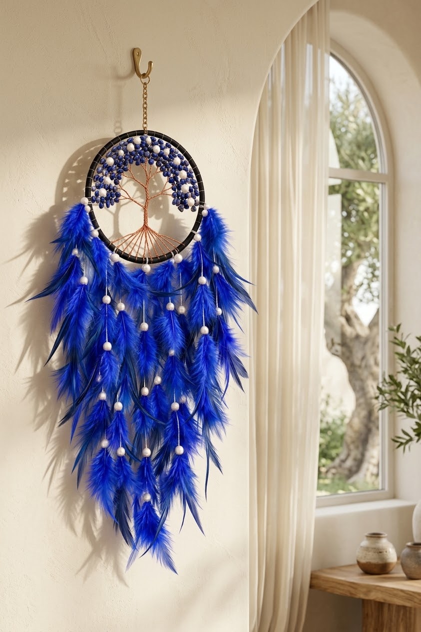 Royal Blue Lapis Lazuli & Pearl Tree of Life Feather Dream Catcher
