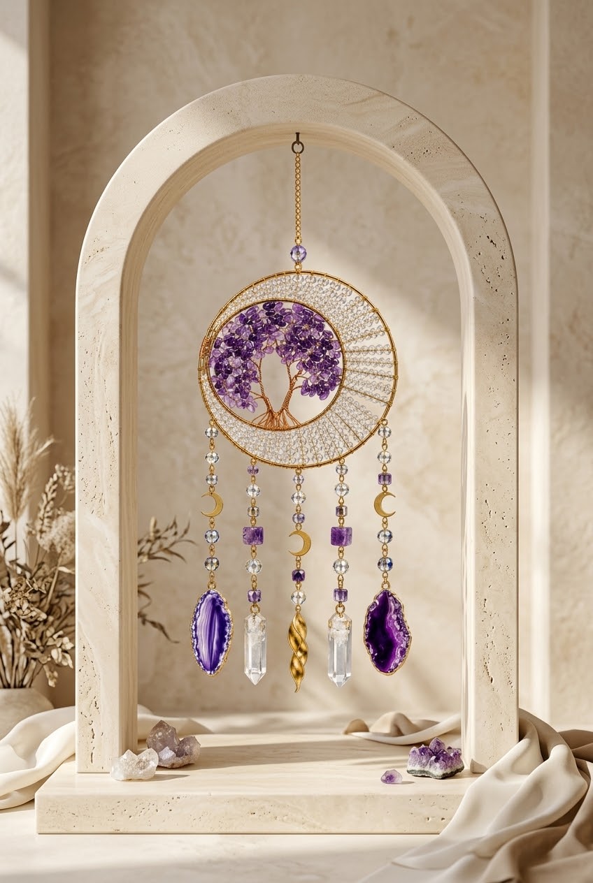 Amethyst & Clear Quartz Tree of Life Crystal Dream Catcher