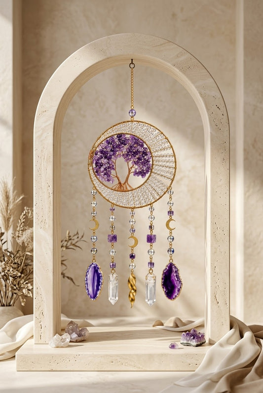 Amethyst & Clear Quartz Tree of Life Crystal Dream Catcher