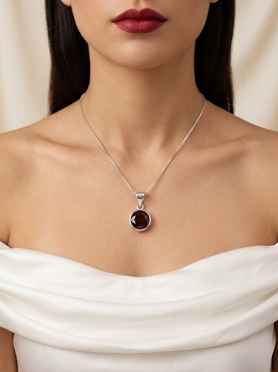 Garnet Glow Hessonite Women’s Necklace – 925 Sterling Silver