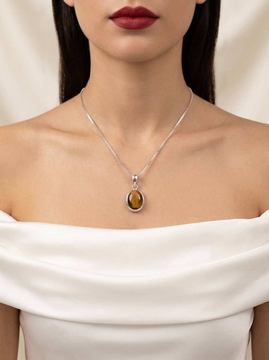 Golden Gaze Tiger Eye Women’s Necklace – 925 Sterling Silver