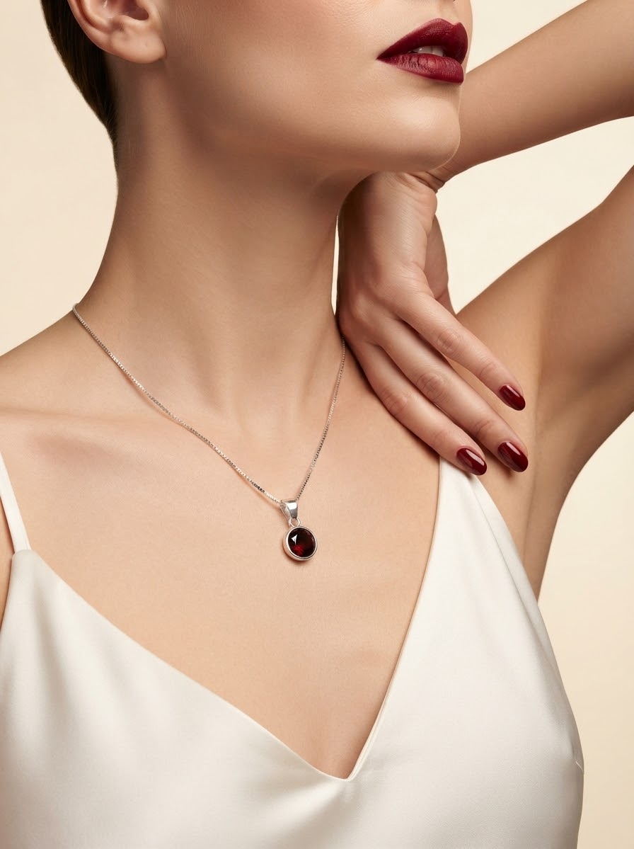 Garnet Glow Hessonite Women’s Necklace – 925 Sterling Silver