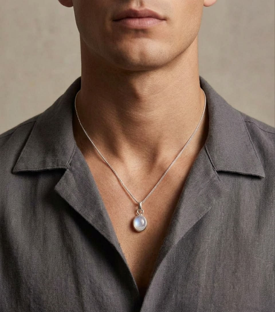 Moonlit Poise Moonstone Men’s Necklace – 925 Sterling Silver
