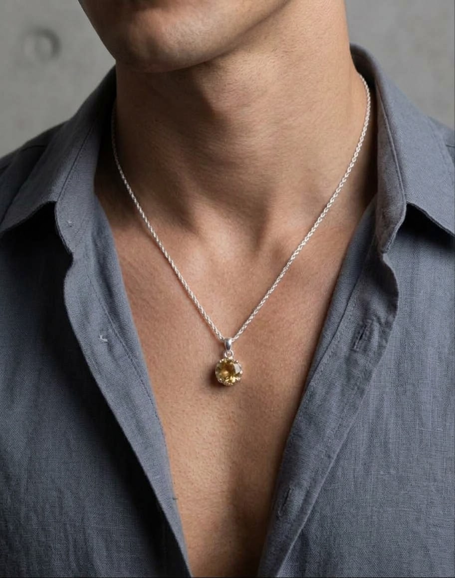 Golden Ember Citrine Men’s Necklace – 925 Sterling Silver
