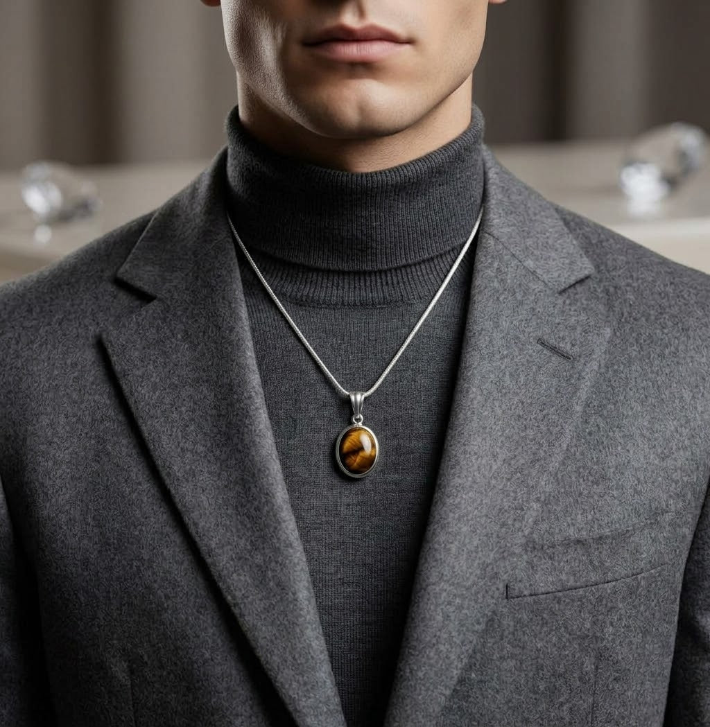 Amber Crest Tiger Eye Men’s Necklace – 925 Sterling Silver