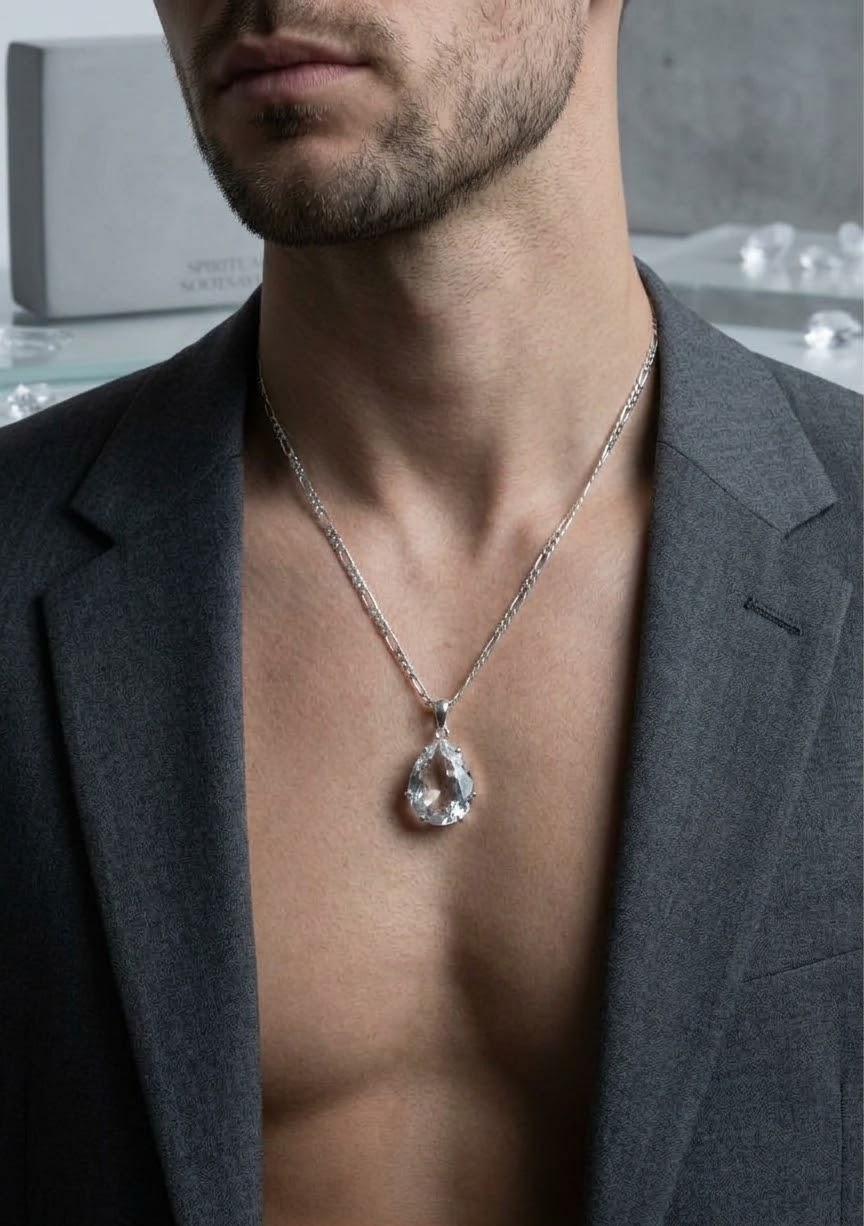 Crystal Sovereign White Sapphire Men’s Necklace – 925 Sterling Silver